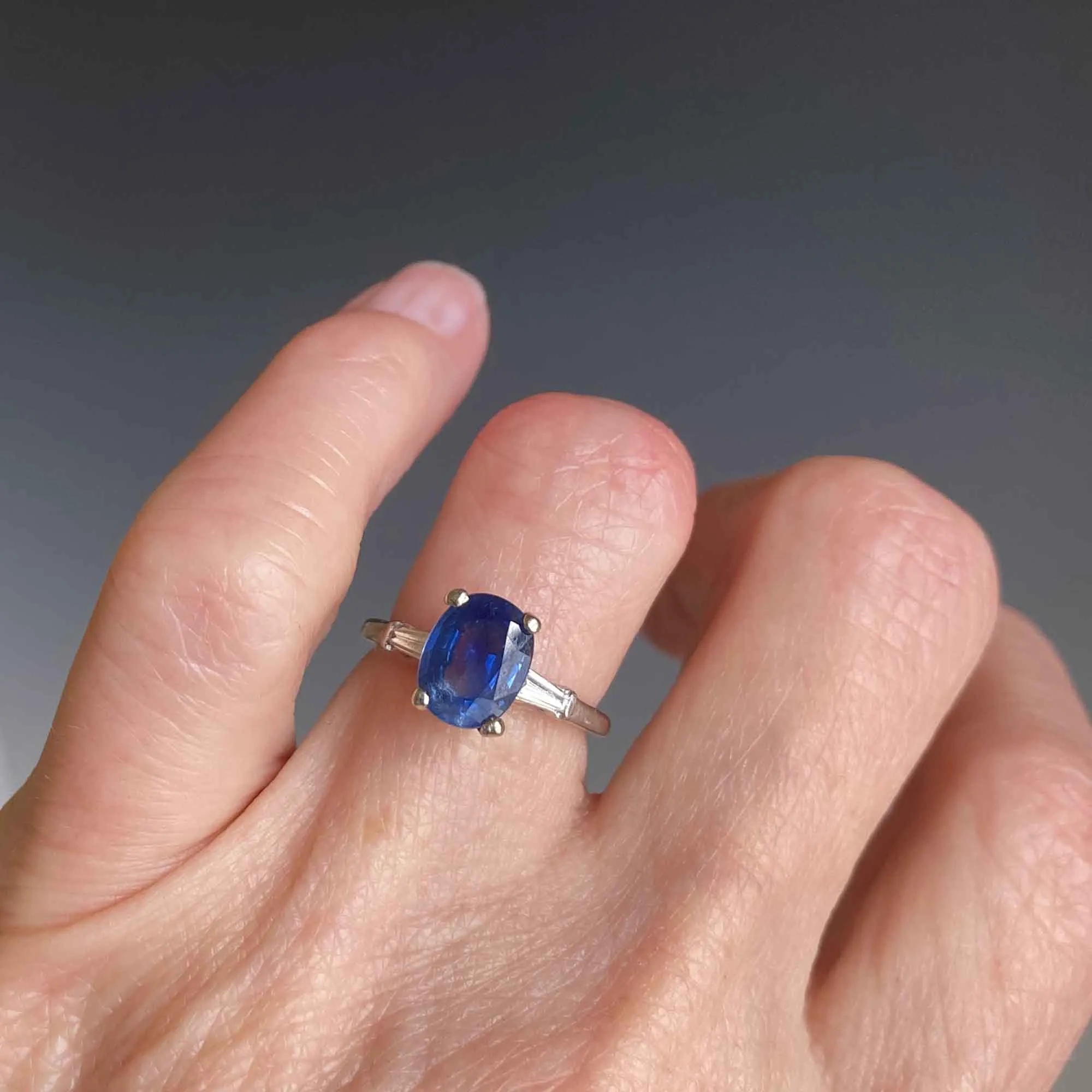 Estate Platinum Natural Sapphire Baguette Diamond Ring