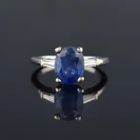 Estate Platinum Natural Sapphire Baguette Diamond Ring