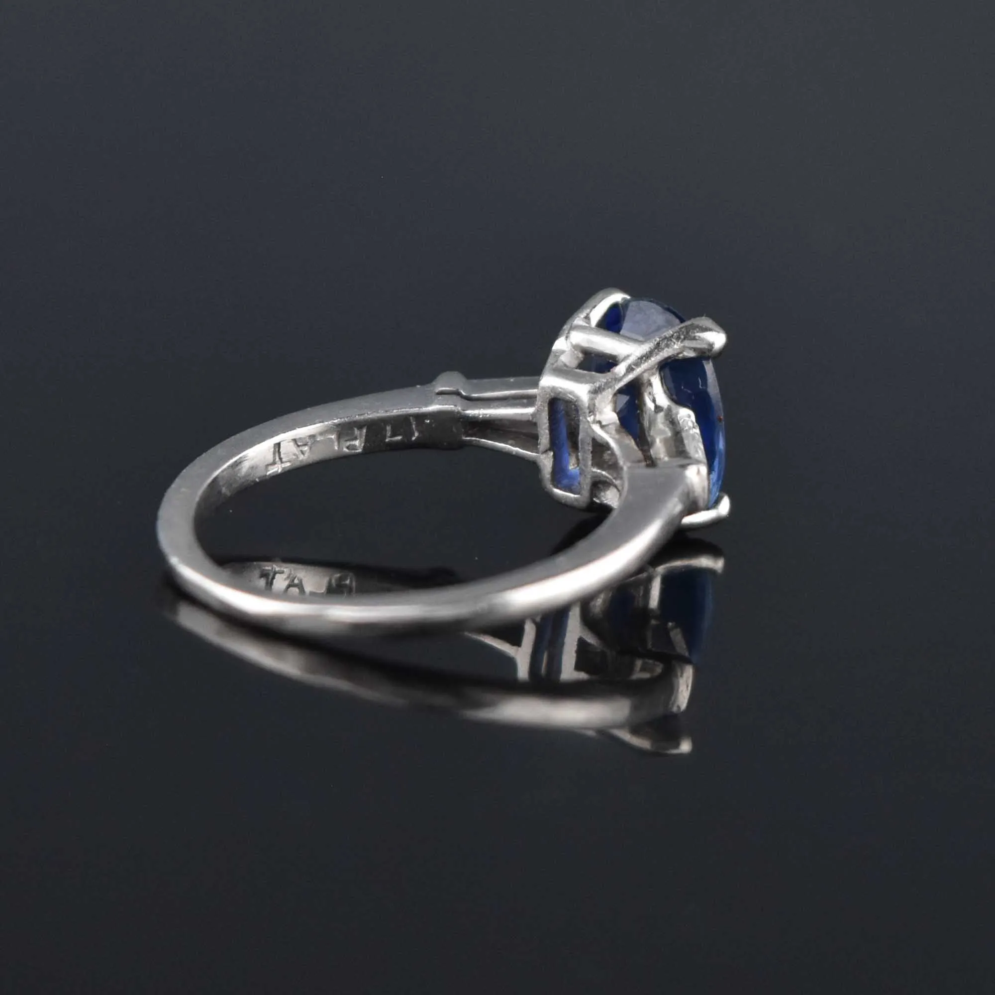 Estate Platinum Natural Sapphire Baguette Diamond Ring