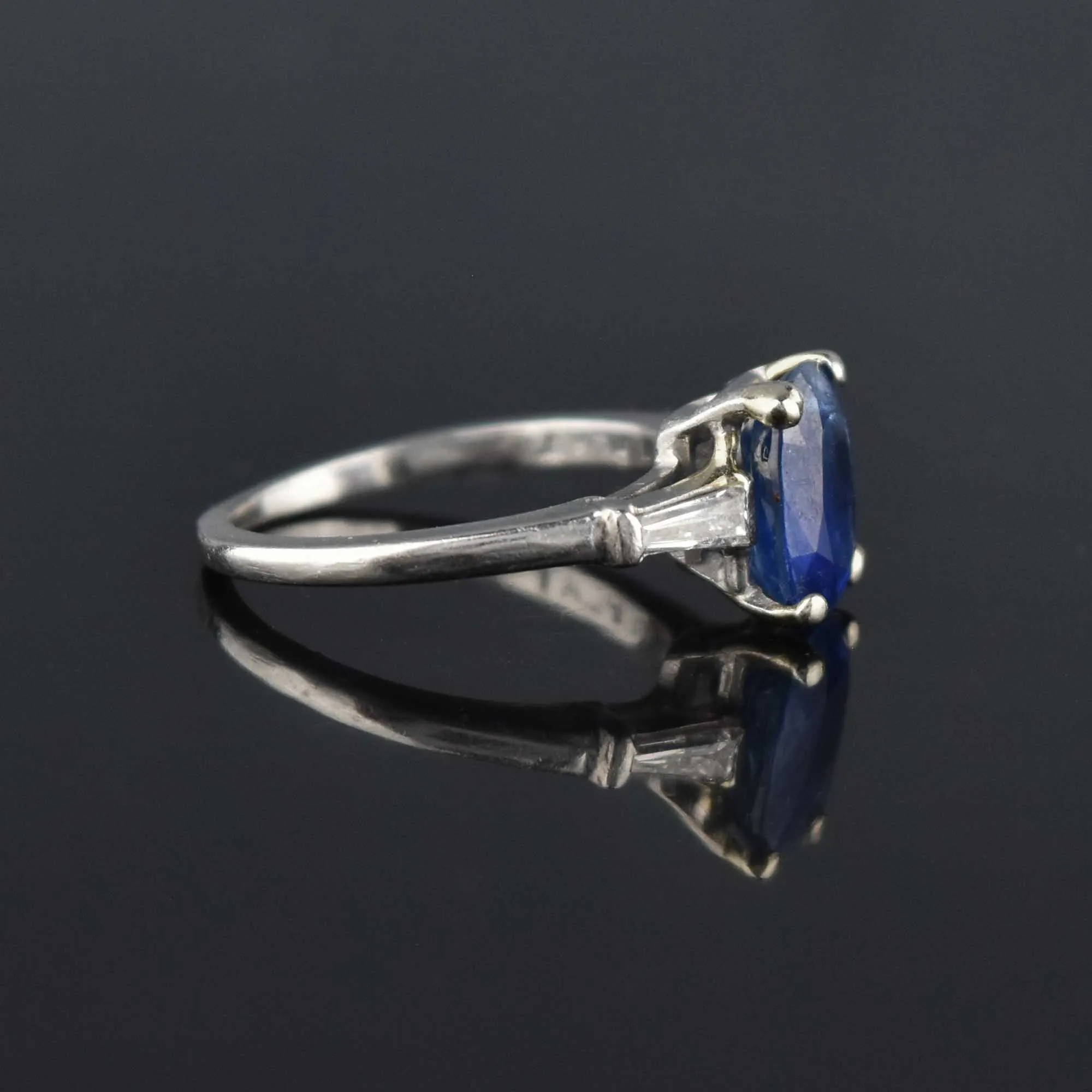 Estate Platinum Natural Sapphire Baguette Diamond Ring