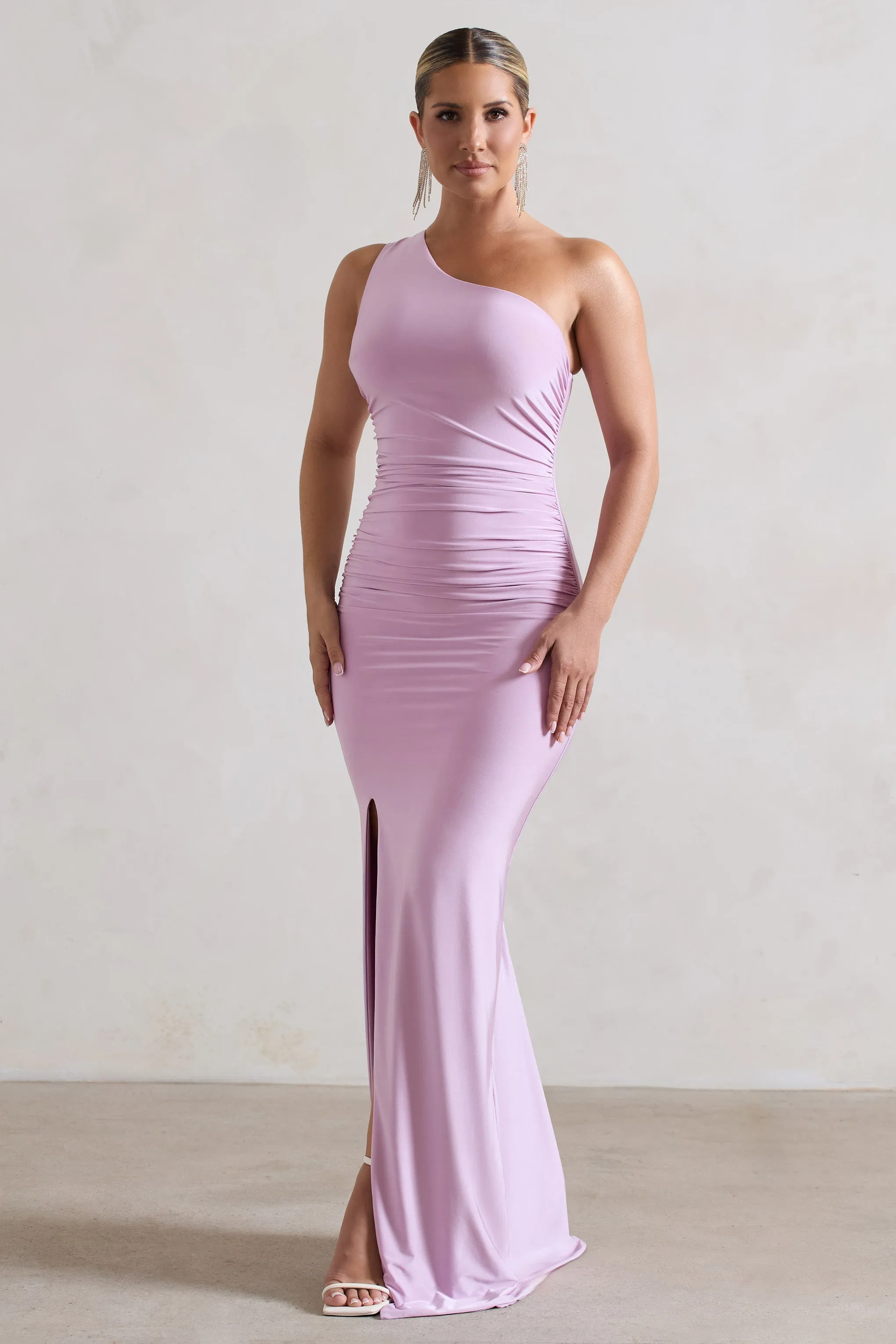 Ethereal | Lilac One Shoulder Ruched Split Maxi Dress