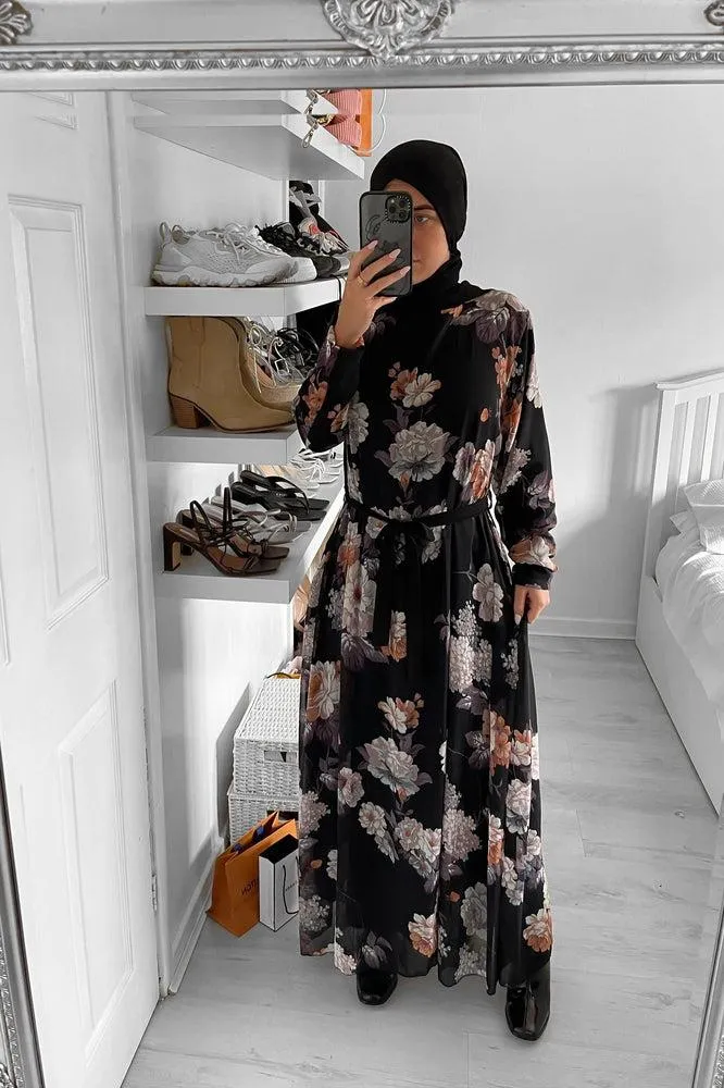 Floral Print Chiffon Modest Dress And Headscarf Set