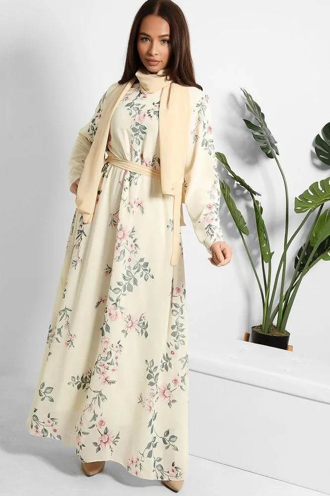 Floral Print Chiffon Modest Dress And Headscarf Set