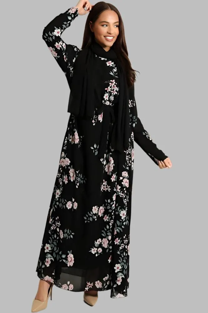 Floral Print Chiffon Modest Dress And Headscarf Set