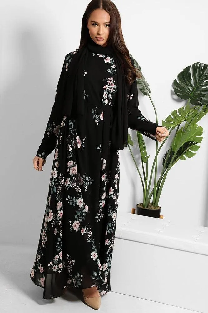 Floral Print Chiffon Modest Dress And Headscarf Set