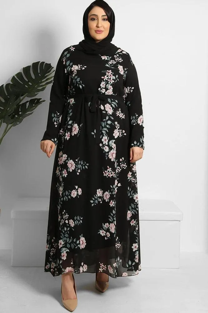 Floral Print Chiffon Modest Dress And Headscarf Set