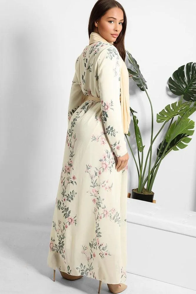 Floral Print Chiffon Modest Dress And Headscarf Set