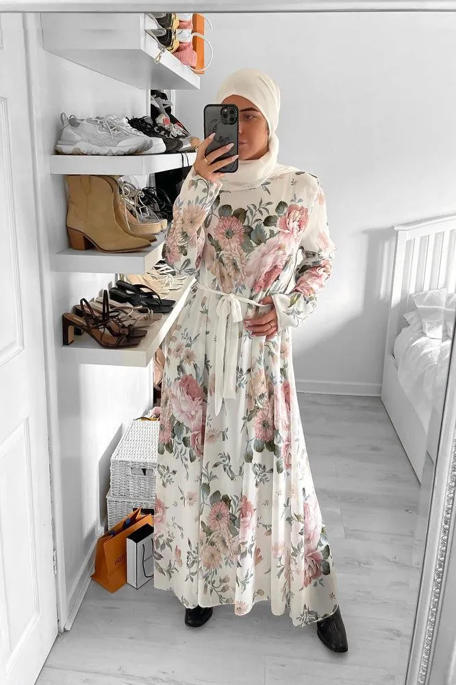 Floral Print Chiffon Modest Dress And Headscarf Set