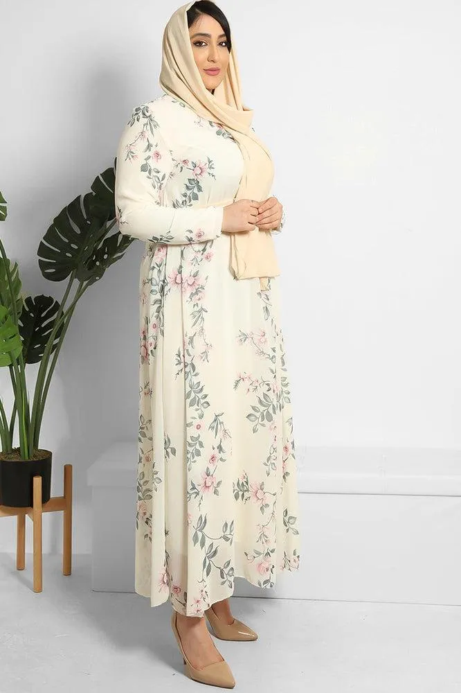 Floral Print Chiffon Modest Dress And Headscarf Set