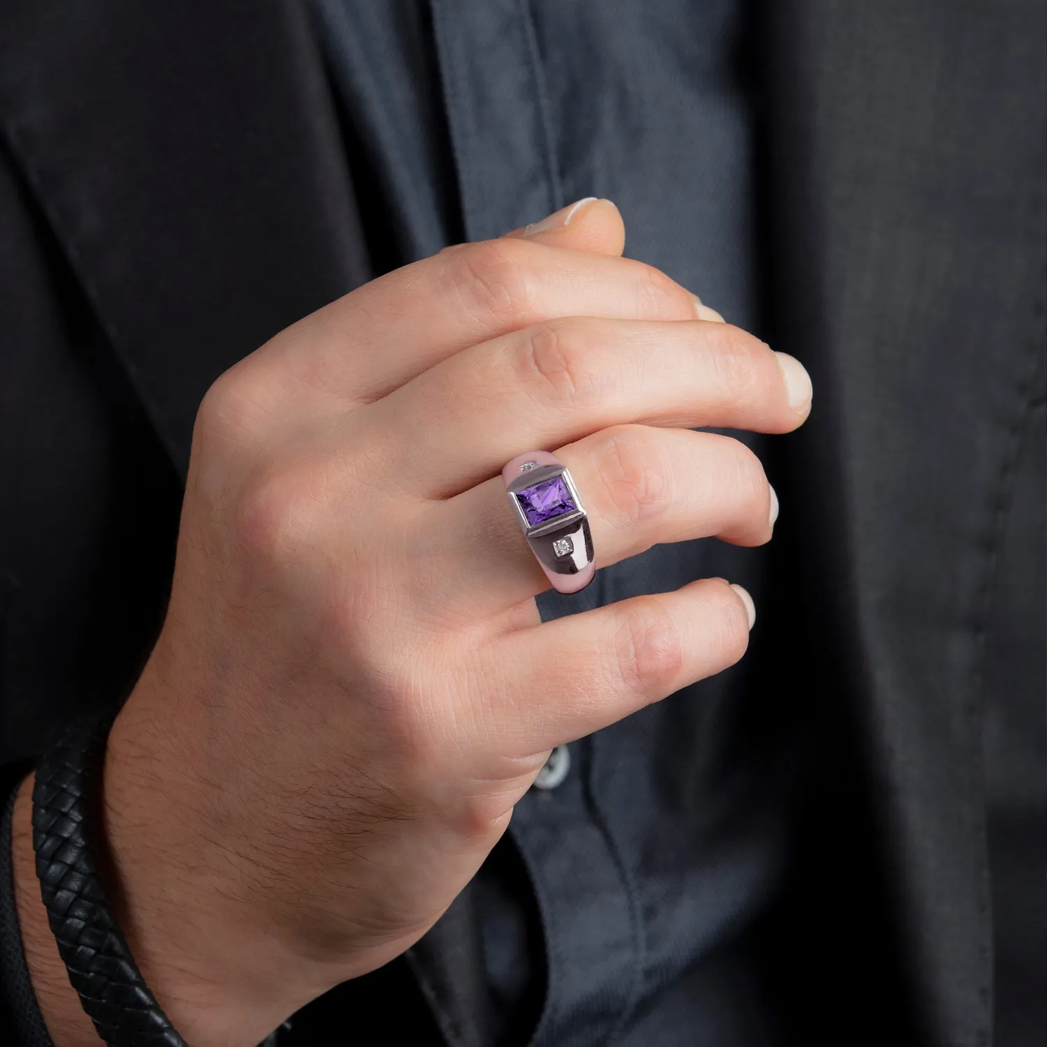 Gemstone Signet Ring 2 Real Diamonds and 2.40ct Amethyst in Rose Gold Plated Silver Gift for Him