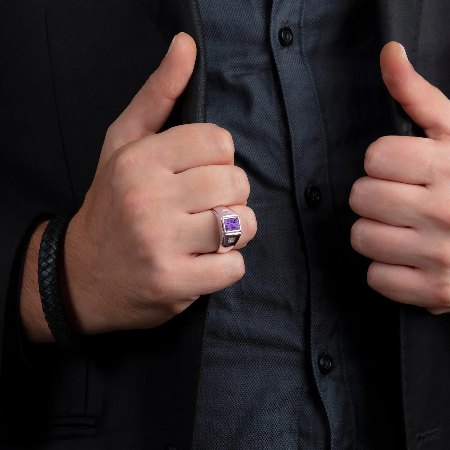 Gemstone Signet Ring 2 Real Diamonds and 2.40ct Amethyst in Rose Gold Plated Silver Gift for Him