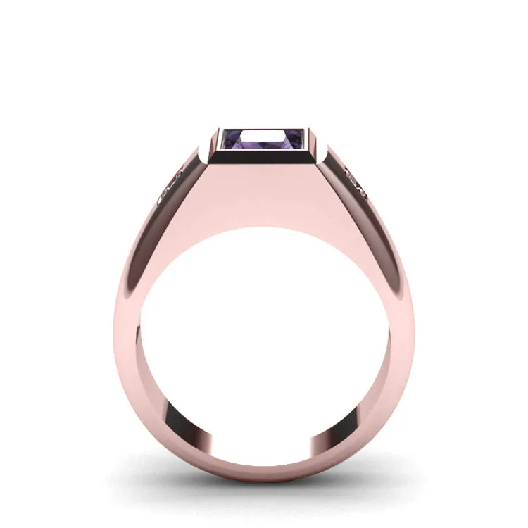 Gemstone Signet Ring 2 Real Diamonds and 2.40ct Amethyst in Rose Gold Plated Silver Gift for Him