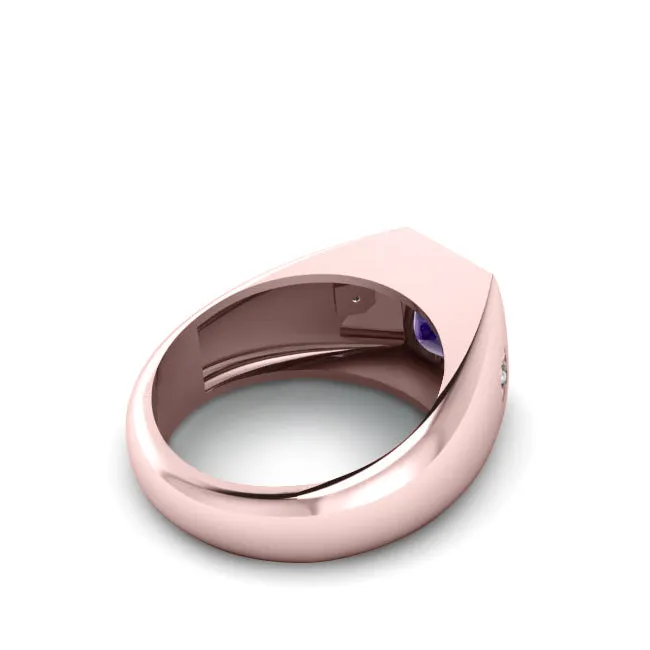 Gemstone Signet Ring 2 Real Diamonds and 2.40ct Amethyst in Rose Gold Plated Silver Gift for Him