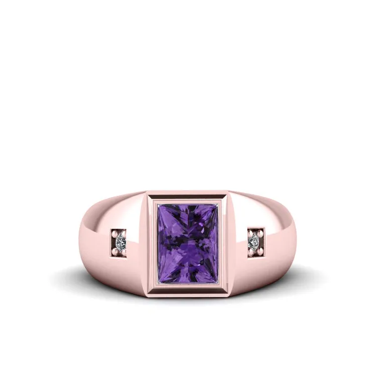 Gemstone Signet Ring 2 Real Diamonds and 2.40ct Amethyst in Rose Gold Plated Silver Gift for Him