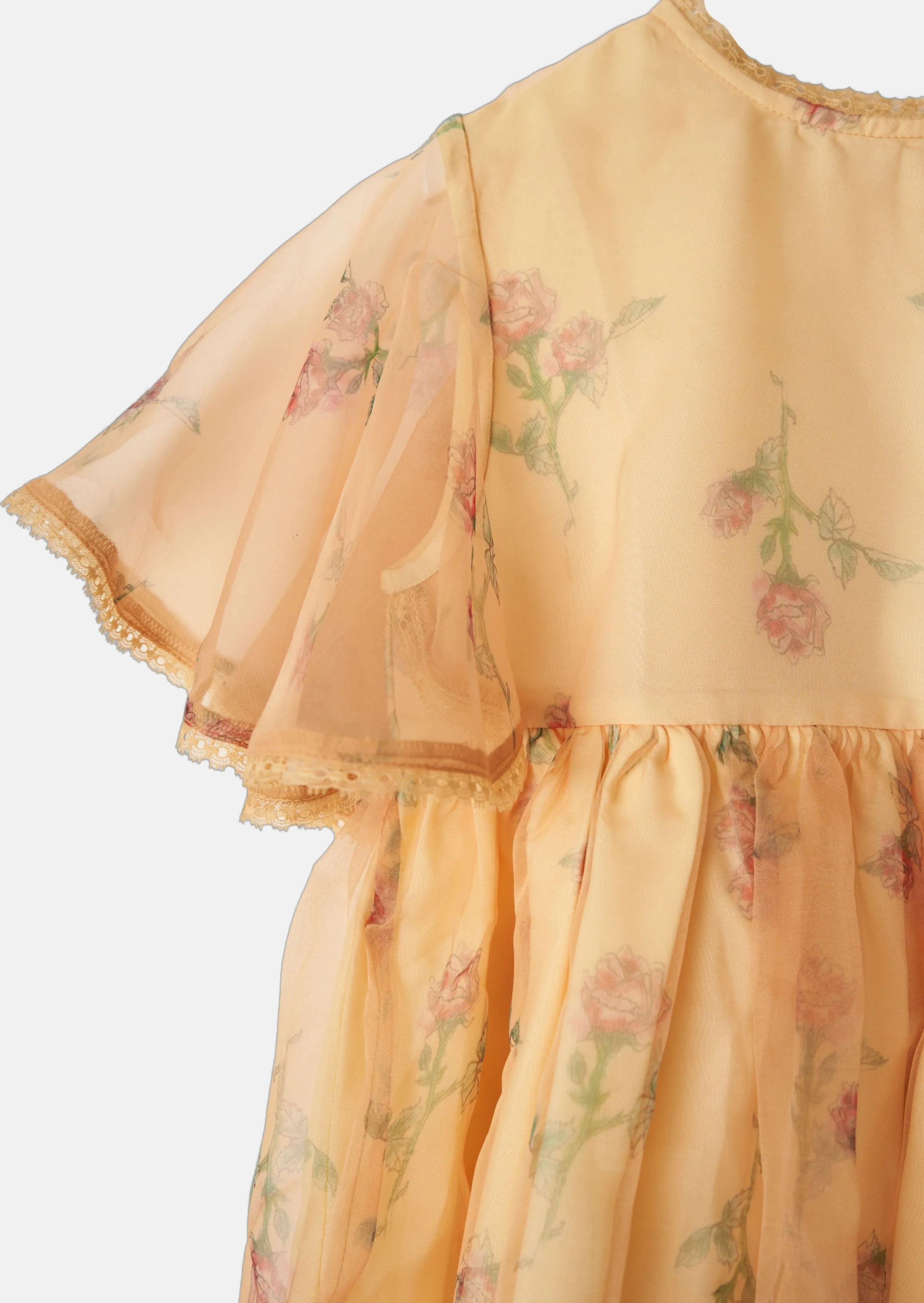 Girls Floral Printed Yellow Dress with Cape Sleeved