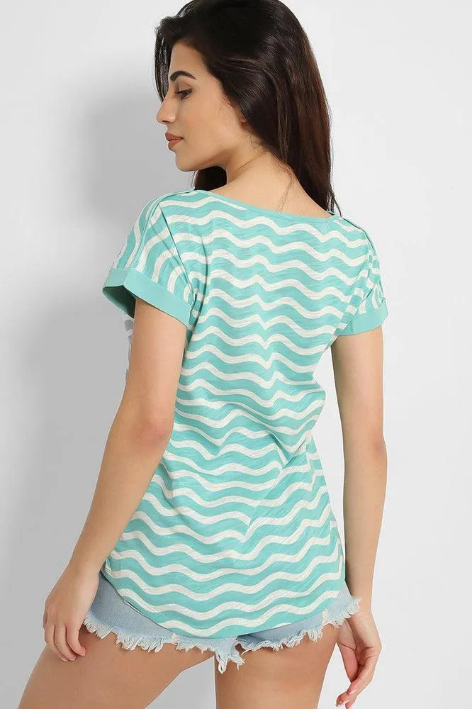 Green White Zig Zag Print Cotton Blend T-Shirt