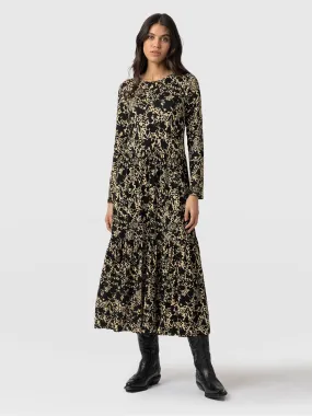 Greenwich Dress Long Sleeve - Yellow Black Floral