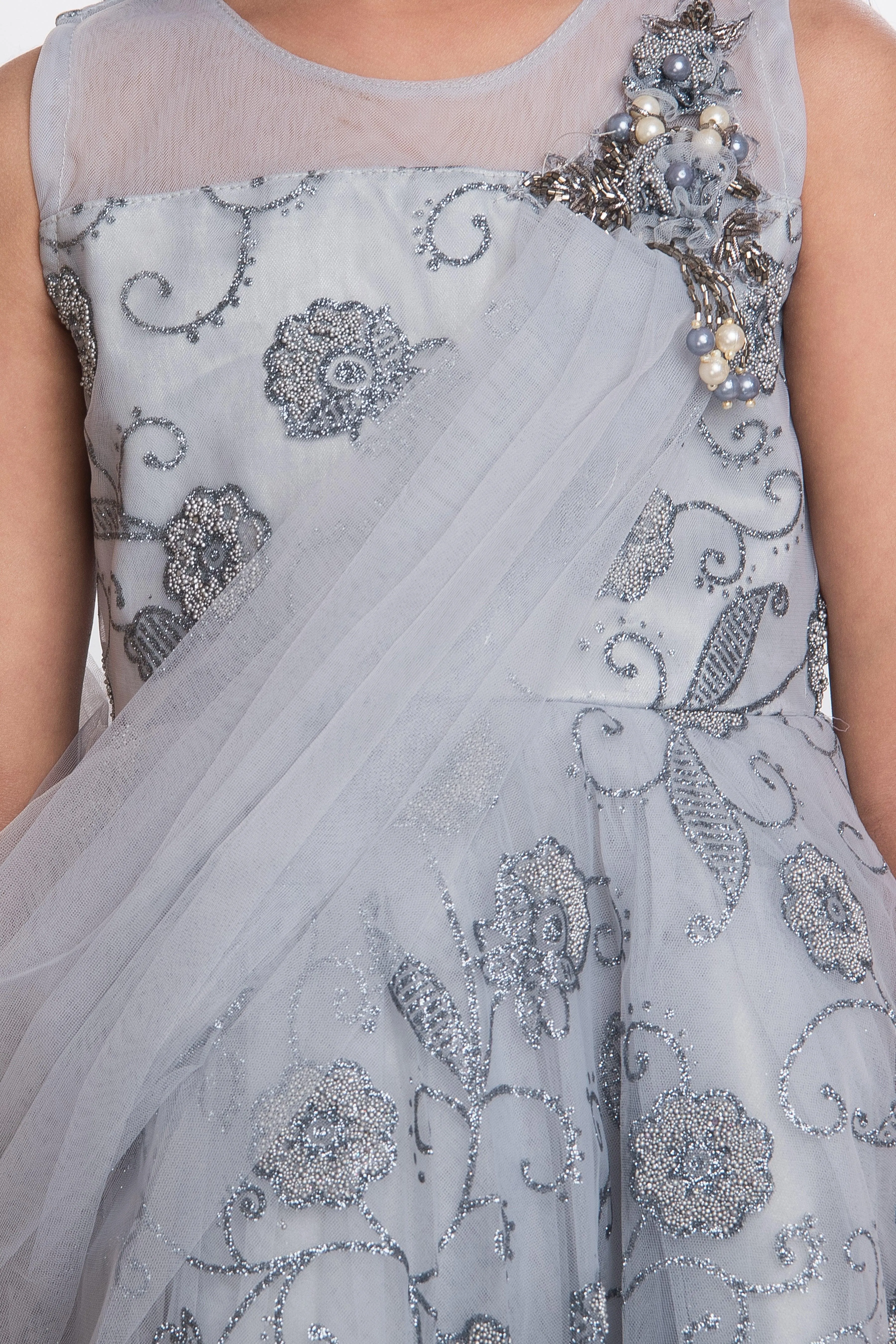 Grey & Cream-Coloured Floral Dupatta Styled Fit & Flare Party Wear Frock For Girls