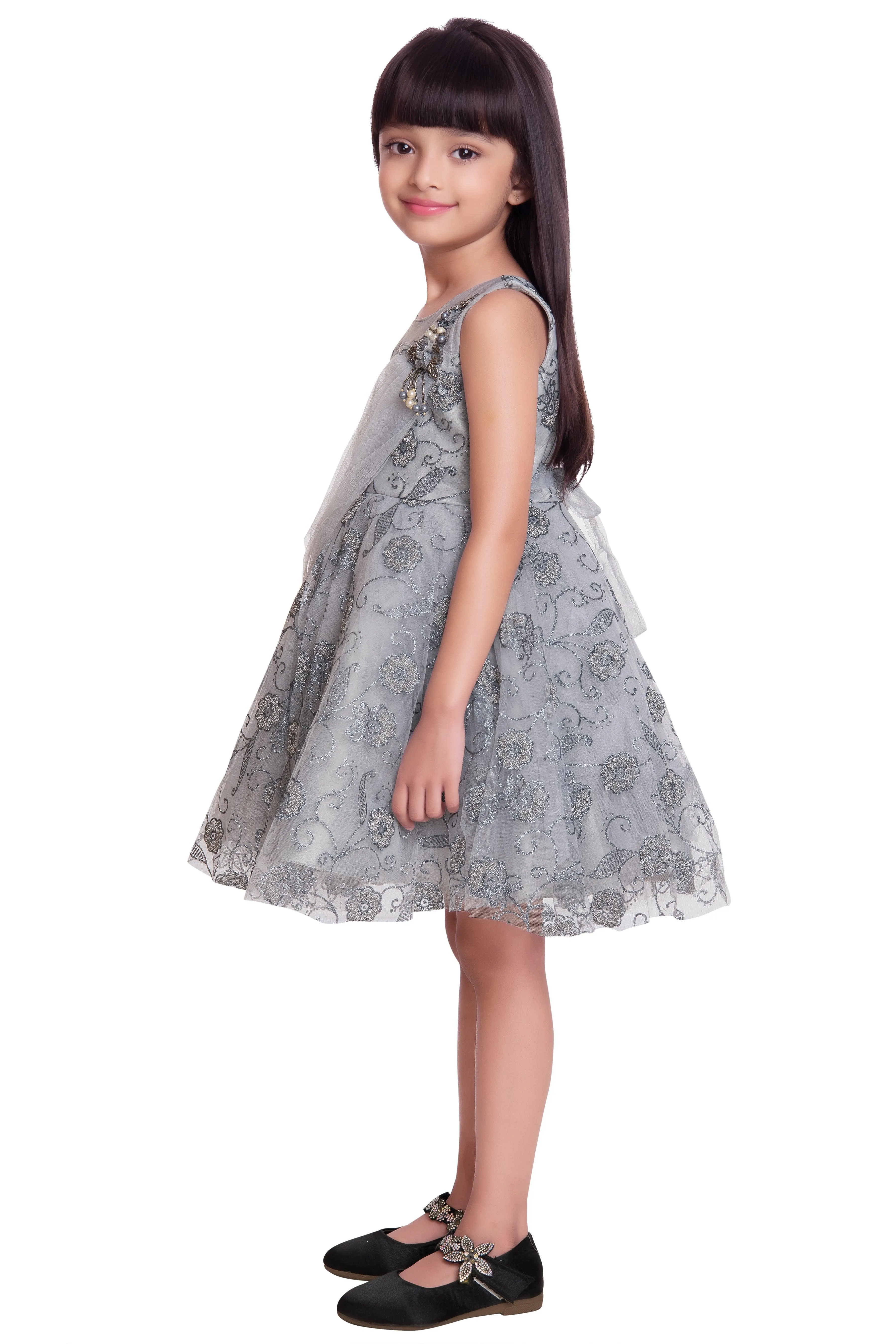 Grey & Cream-Coloured Floral Dupatta Styled Fit & Flare Party Wear Frock For Girls