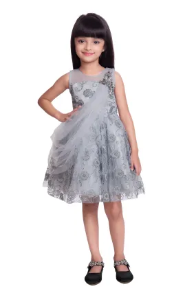 Grey & Cream-Coloured Floral Dupatta Styled Fit & Flare Party Wear Frock For Girls