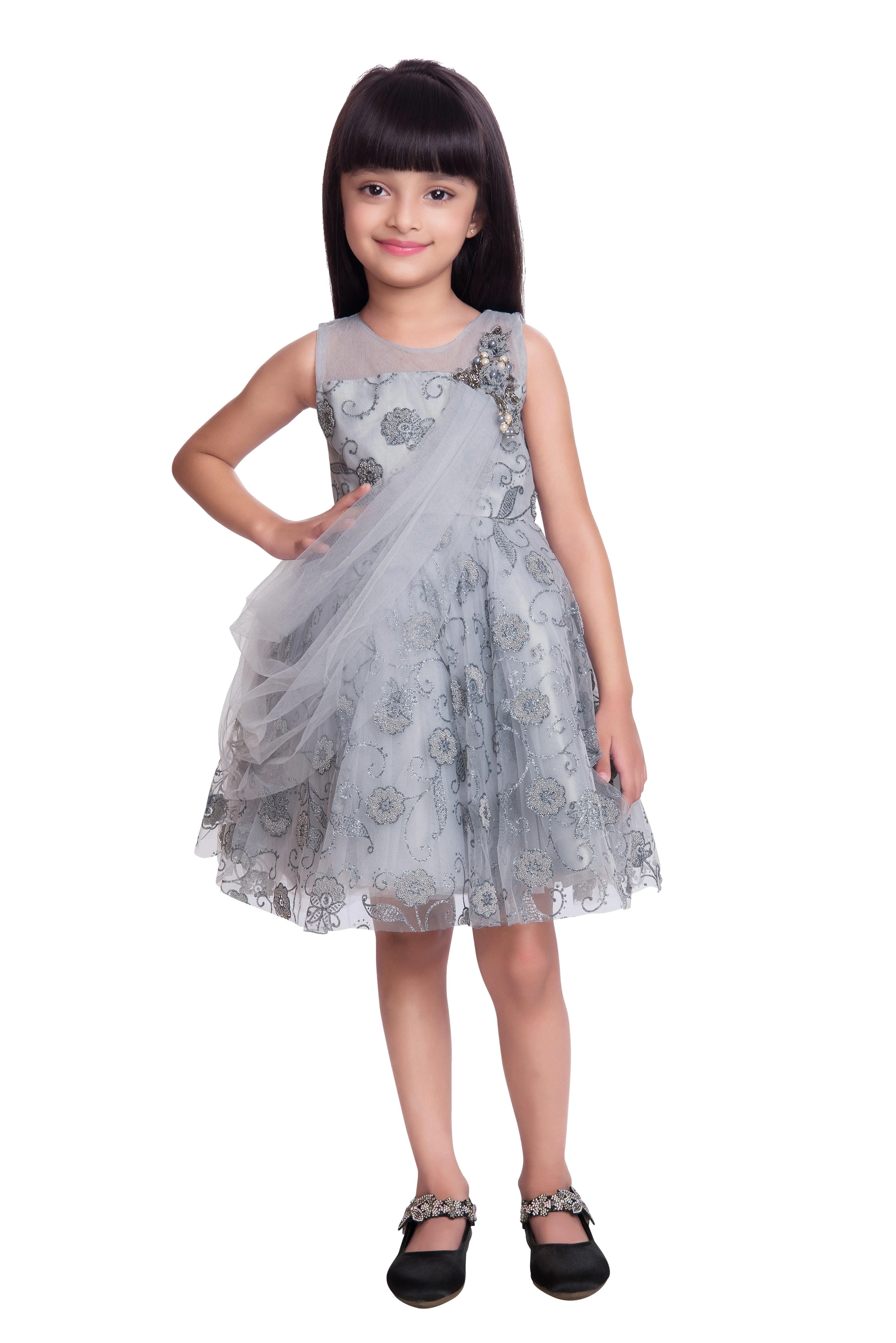 Grey & Cream-Coloured Floral Dupatta Styled Fit & Flare Party Wear Frock For Girls