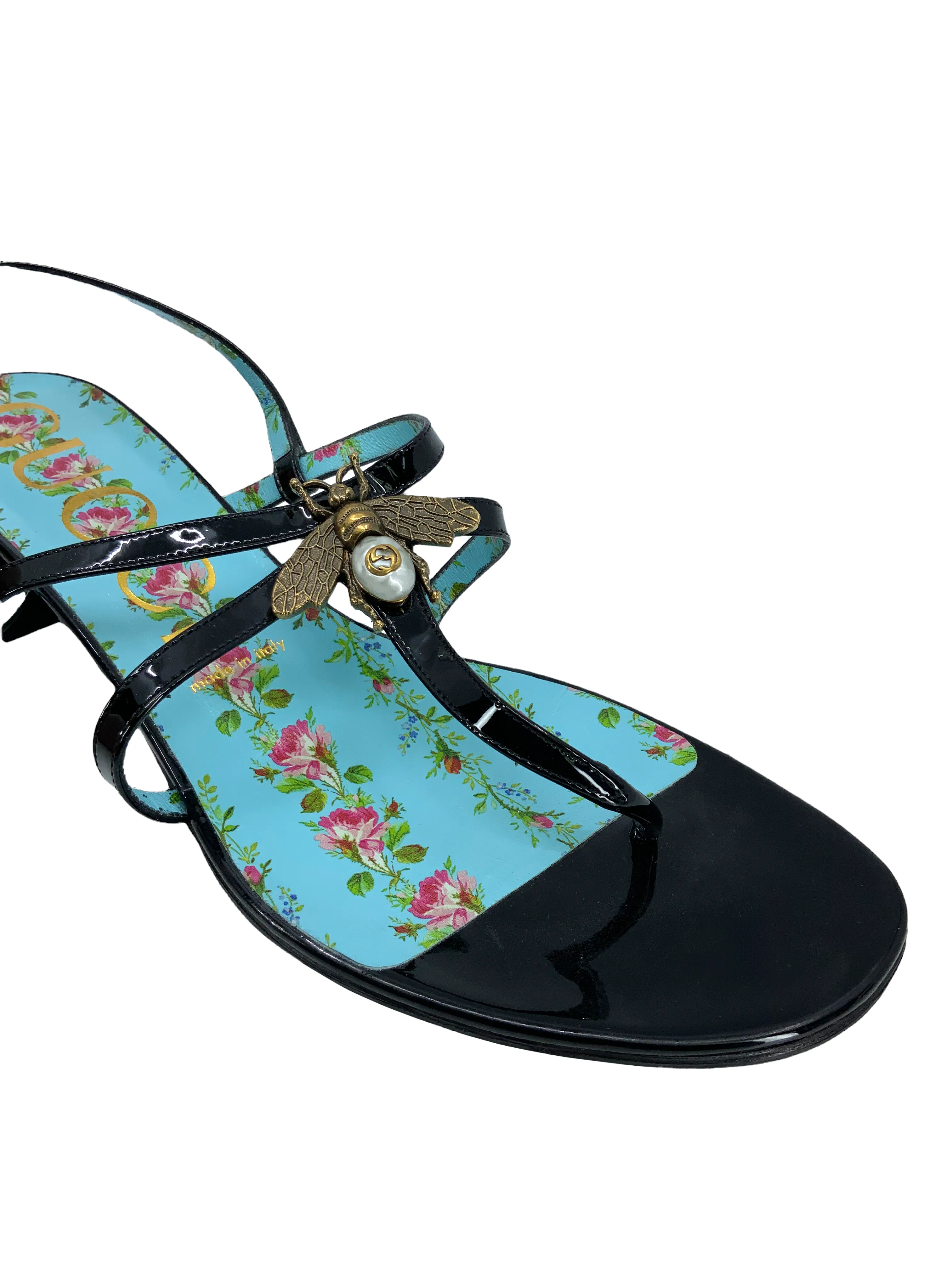 GUCCI Patent Calfskin Bee Thong Sandals Size 10