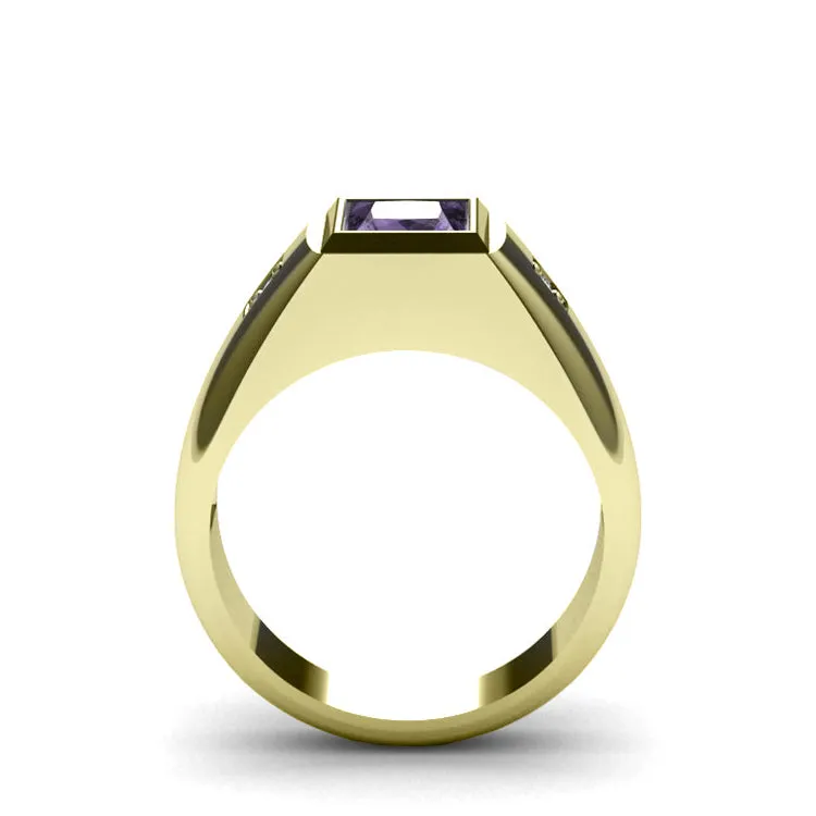 Handmade Men's Ring with 2.40ctw Amethyst Gemstone and Diamonds in Gold-Plated Silver