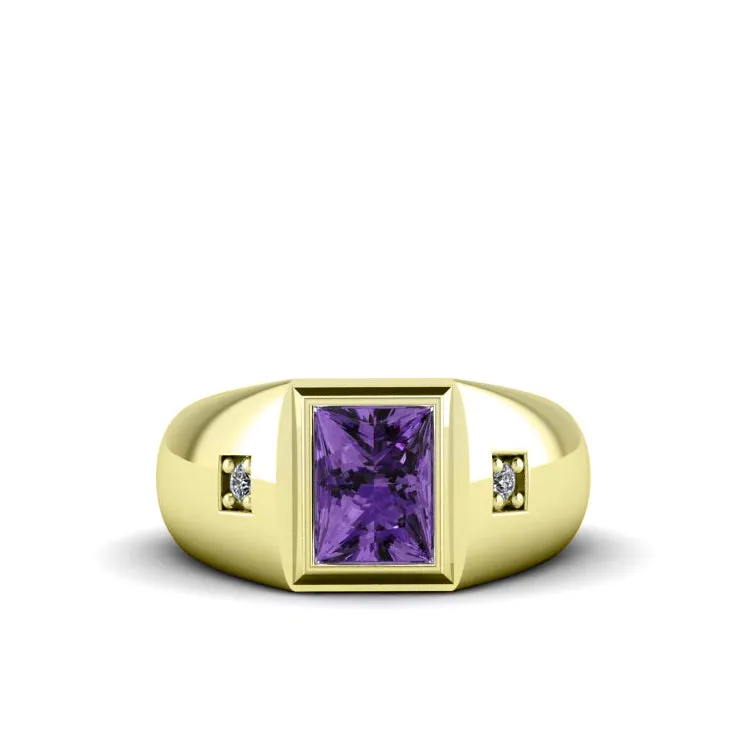 Handmade Men's Ring with 2.40ctw Amethyst Gemstone and Diamonds in Gold-Plated Silver