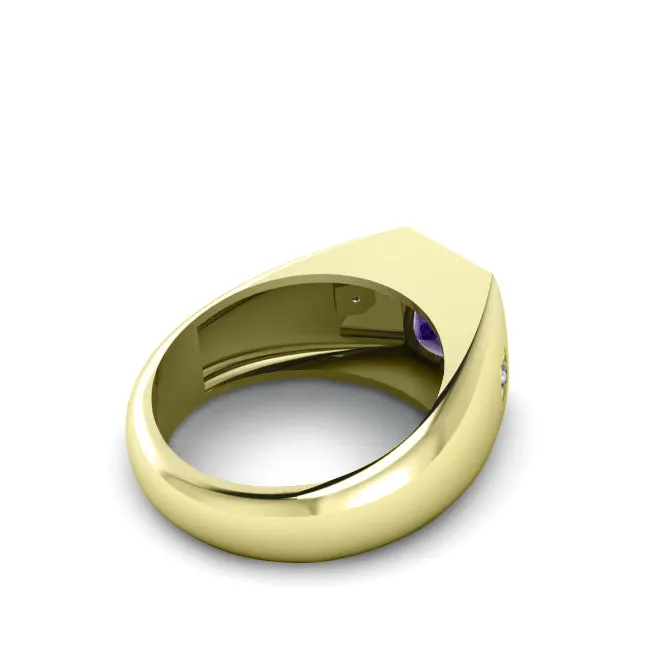 Handmade Men's Ring with 2.40ctw Amethyst Gemstone and Diamonds in Gold-Plated Silver