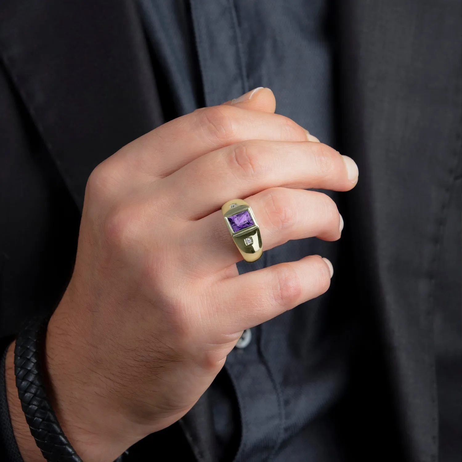 Handmade Men's Ring with 2.40ctw Amethyst Gemstone and Diamonds in Gold-Plated Silver