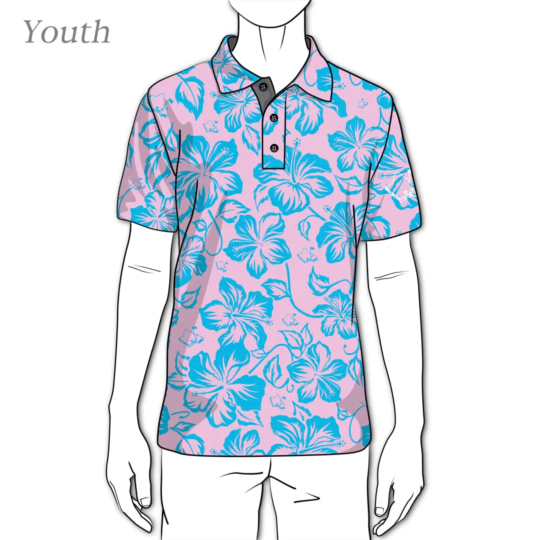 Hibiscus Pareu Polo - OGA Youth Polo - Turquoise & Pale Pink