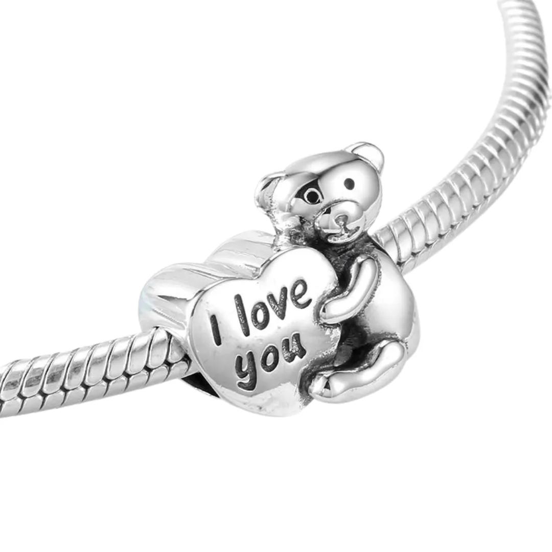 I Love You Teddy Bear Heart Charm 925 Sterling Silver