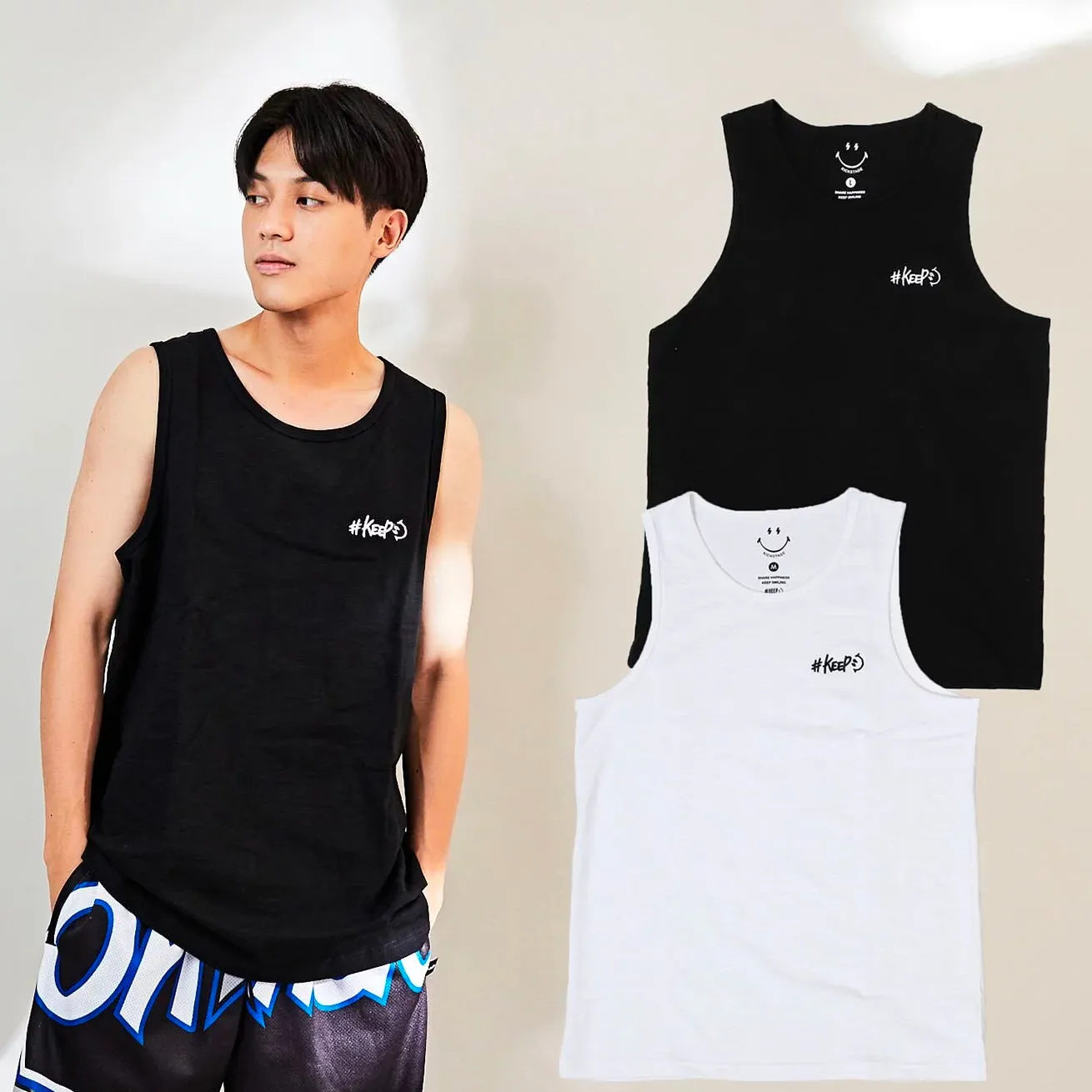 Kickstage #KEEP Lightning Smile Embroidery Cotton Tank Top [KS116]