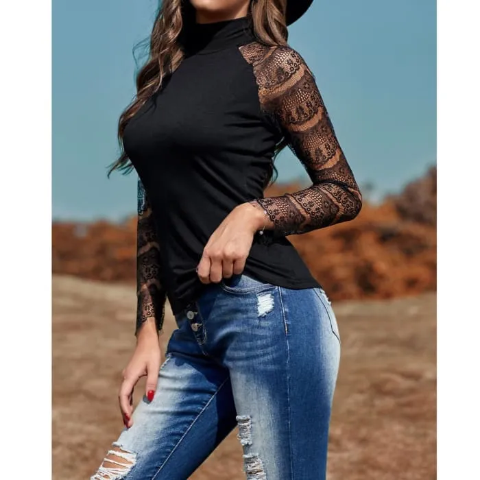 Lace Sleeve Mock Neck Top