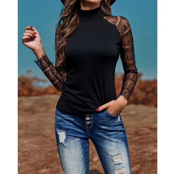 Lace Sleeve Mock Neck Top