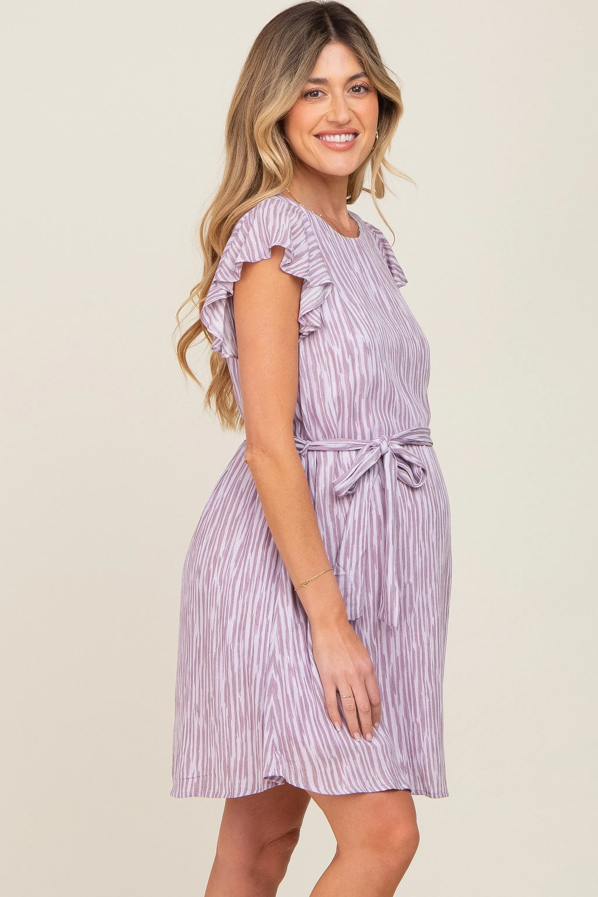 Lavender Striped Flutter Sleeve Tied Waist Maternity Dress