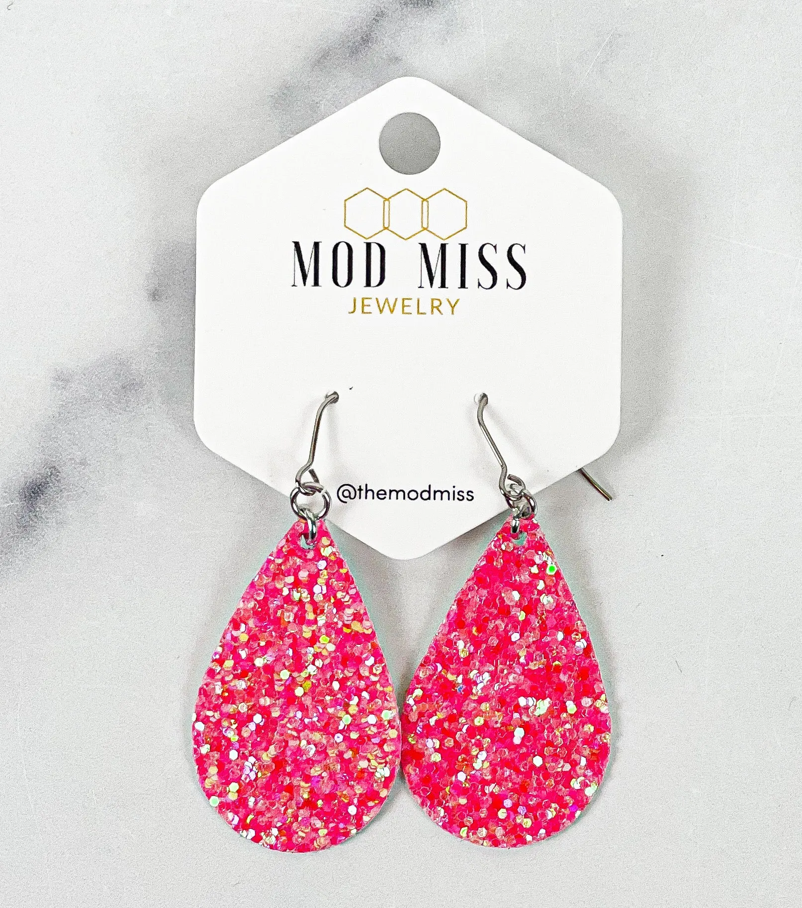 Leather Canvas Teardrop Earring Glitter Hot Pink