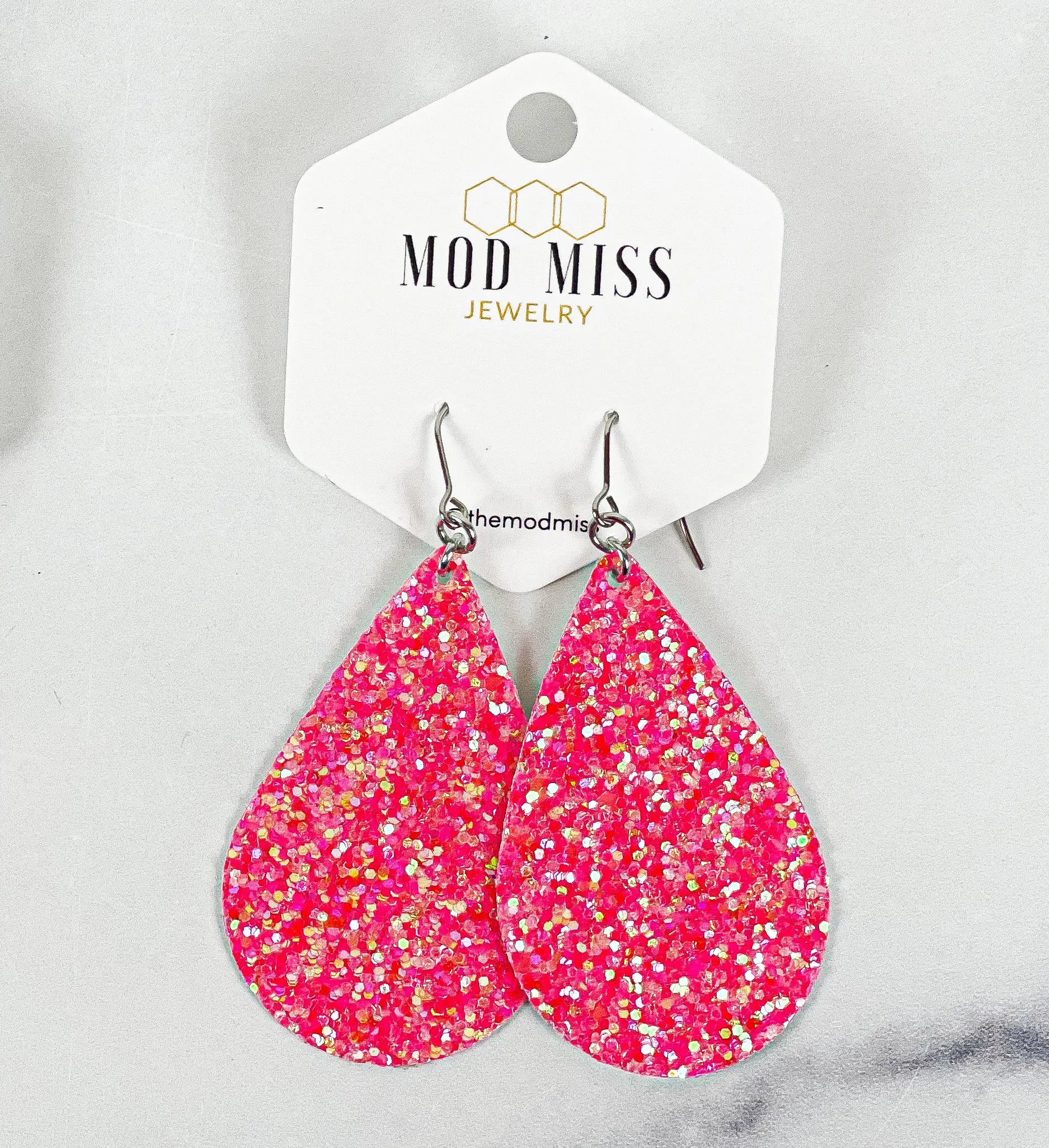 Leather Canvas Teardrop Earring Glitter Hot Pink