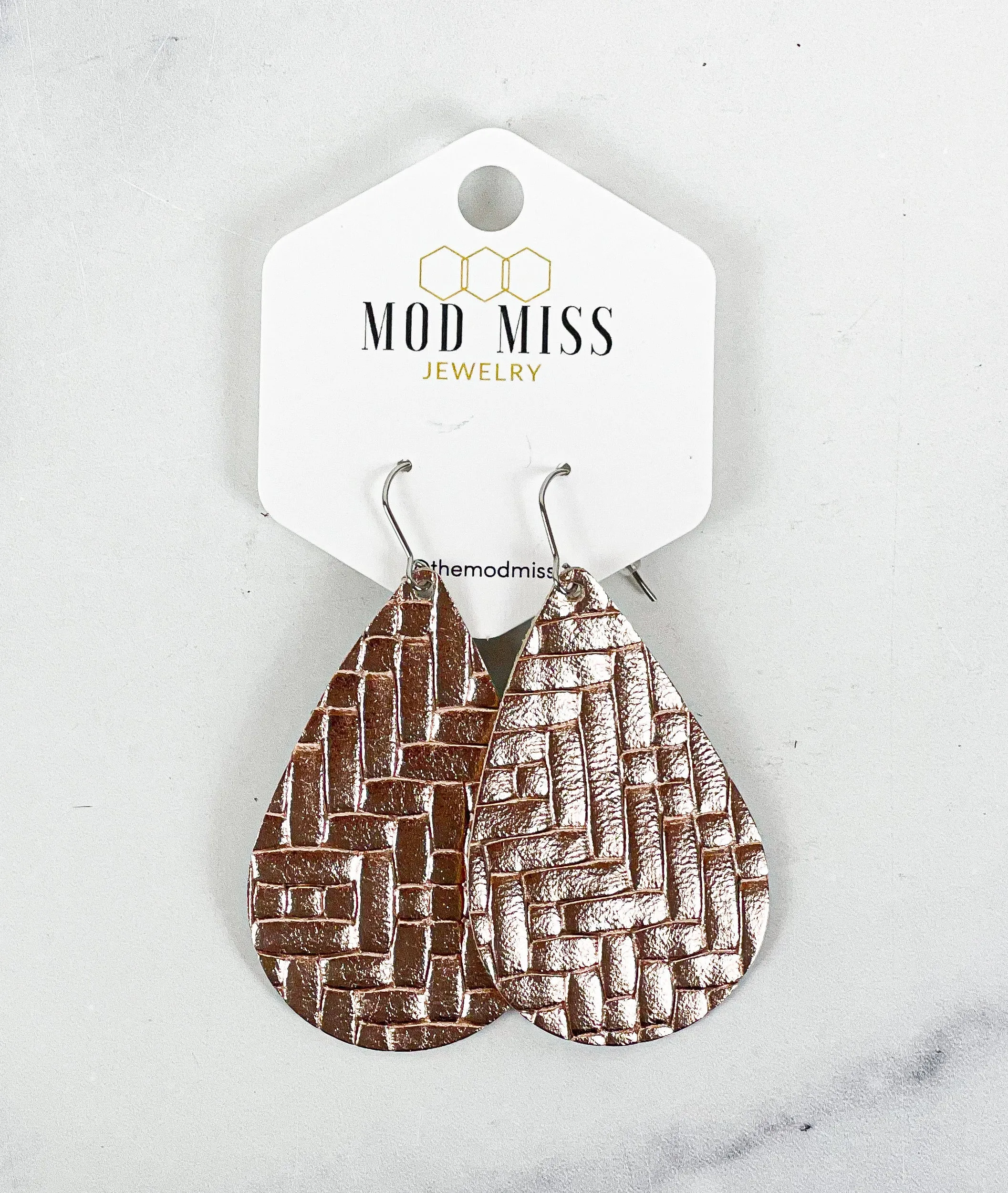 Leather Teardrop Earring Basket Weave Rose Gold