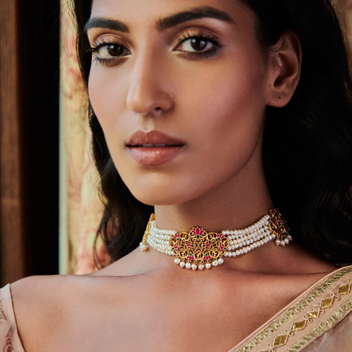 Maharani Lotus Choker Necklace in Pink Enamel