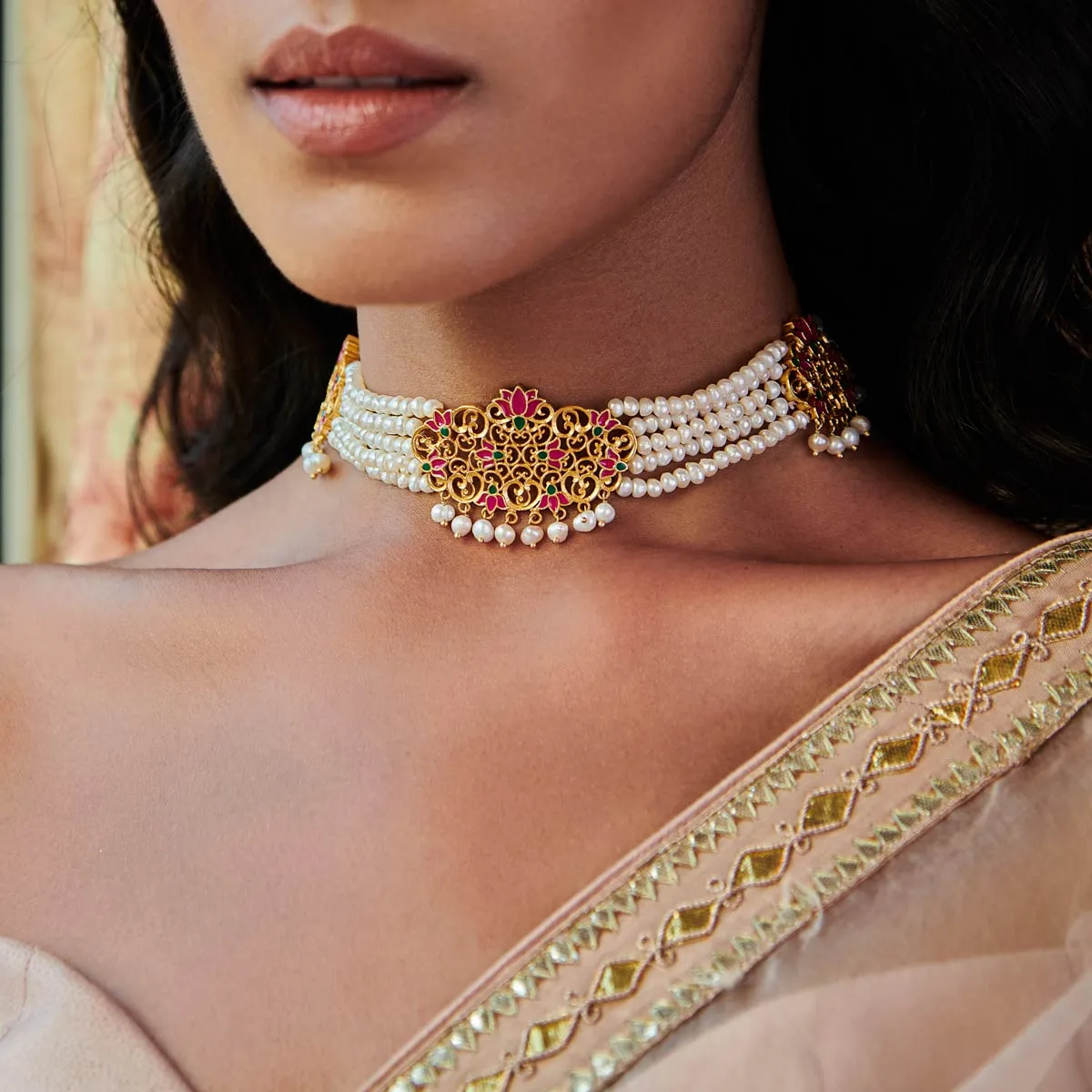 Maharani Lotus Choker Necklace in Pink Enamel