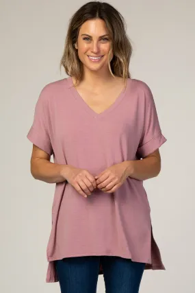 Mauve V-Neck Cuffed Short Sleeve Top