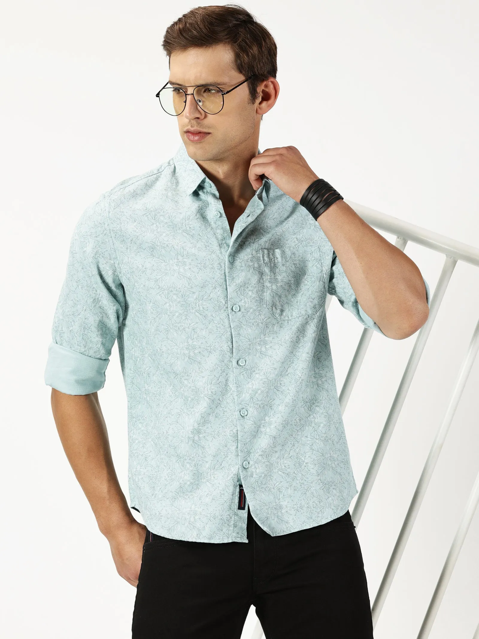 MEN'S  GREEN PRINT SLIM FIT SHIRT