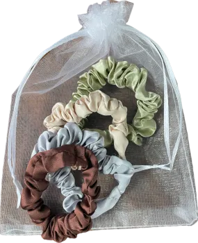 Multicoloured Set Of 4 Neutral Satin Hair Scrunchies In Tulle Gift Bag