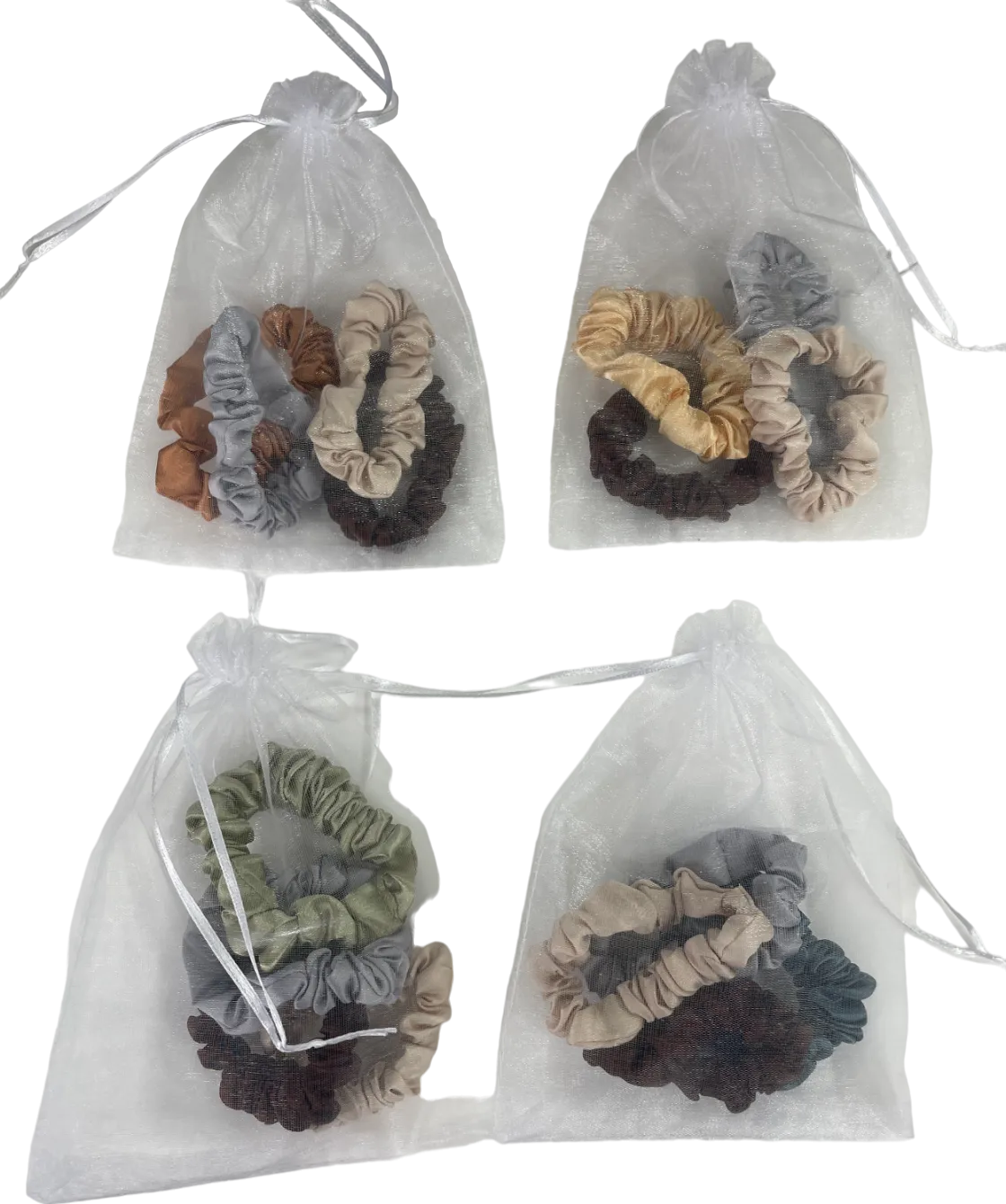 Multicoloured Set Of 4 Neutral Satin Hair Scrunchies In Tulle Gift Bag