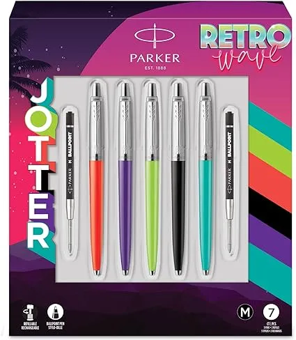 Parker Jotter Originals RETRO WAVE Ballpoint Pen - 5 Pens   2 Refills - Medium Point - Black Ink (RETRO WAVE - Pack of 5)