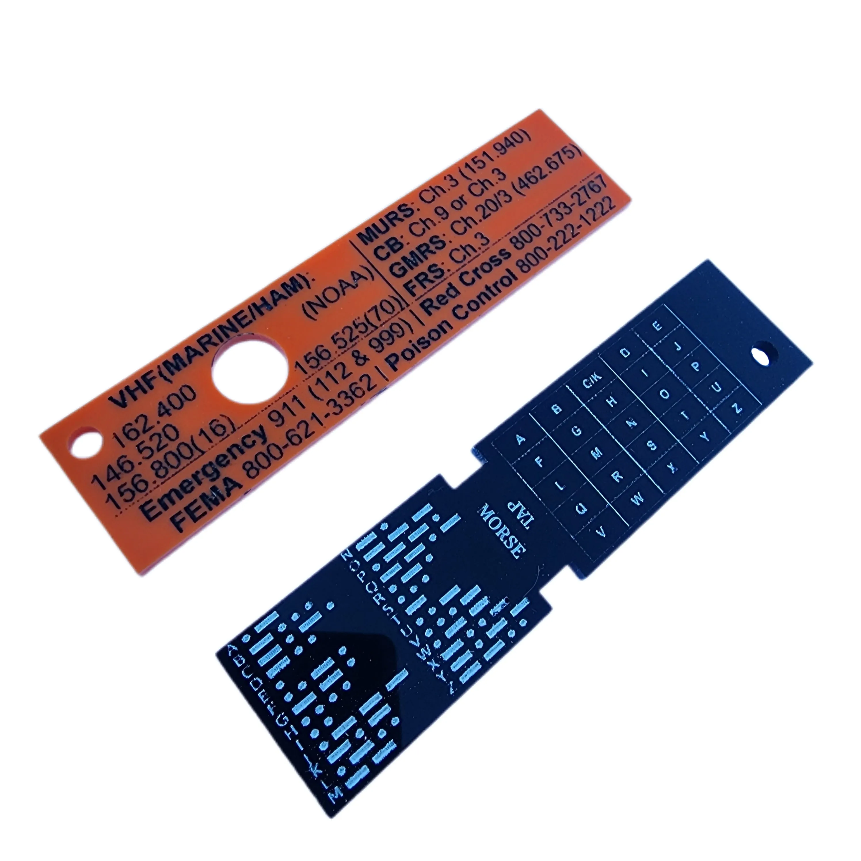 Partitioned Kit & Reference - Bar (PKR Bar): Keychain with compartmentalized storage areas for supplies and quick reference data engraved on backing.