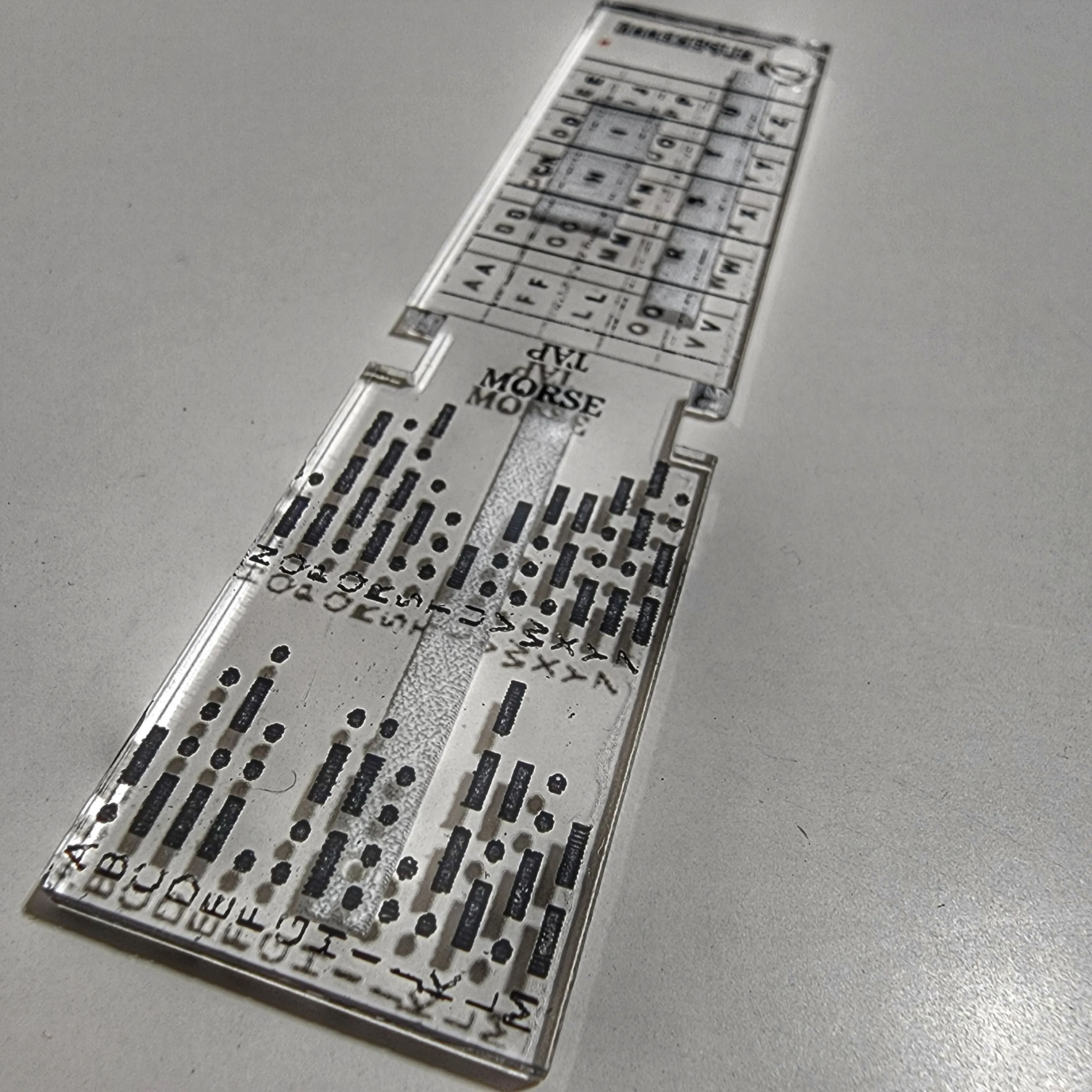 Partitioned Kit & Reference - Bar (PKR Bar): Keychain with compartmentalized storage areas for supplies and quick reference data engraved on backing.