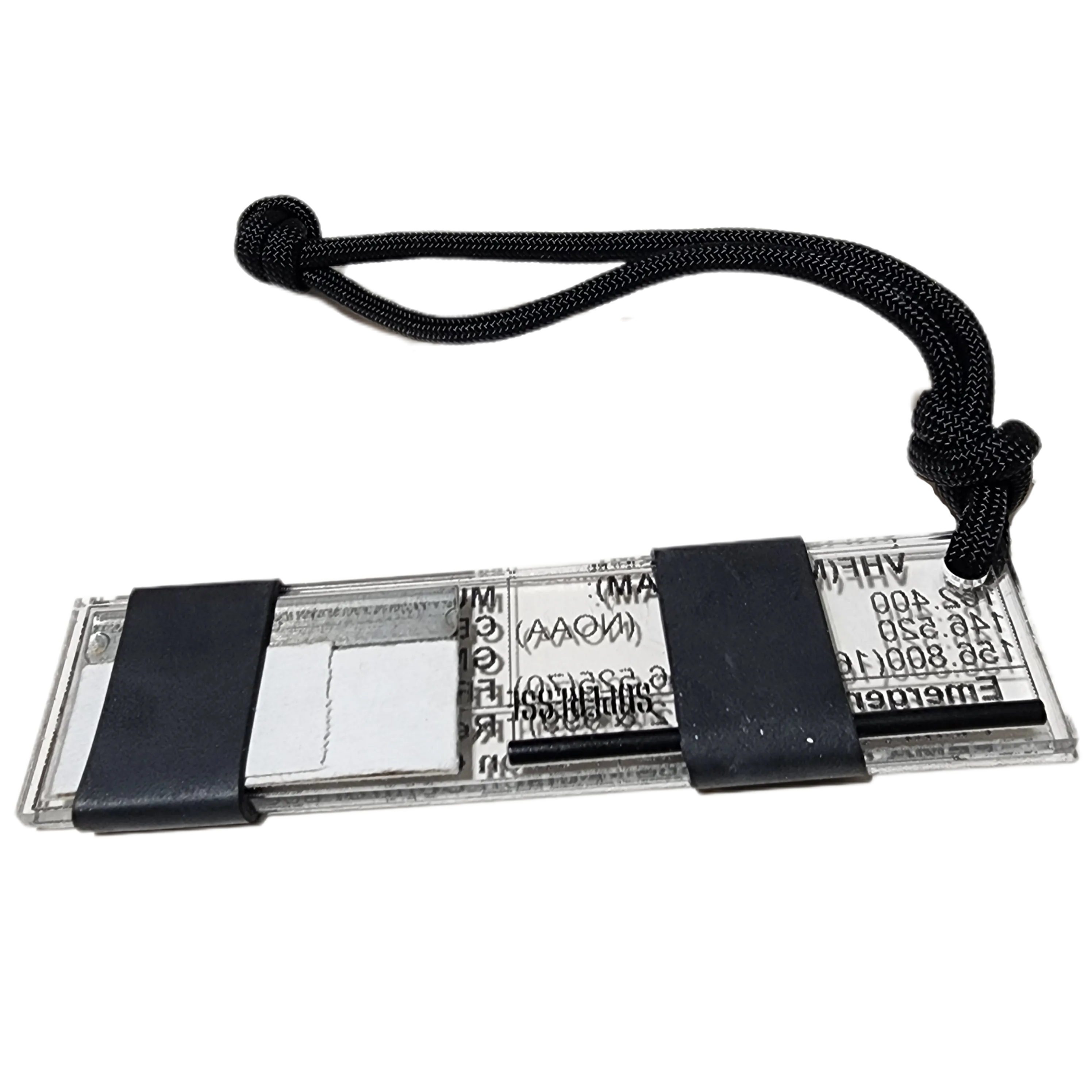 Partitioned Kit & Reference - Bar (PKR Bar): Keychain with compartmentalized storage areas for supplies and quick reference data engraved on backing.