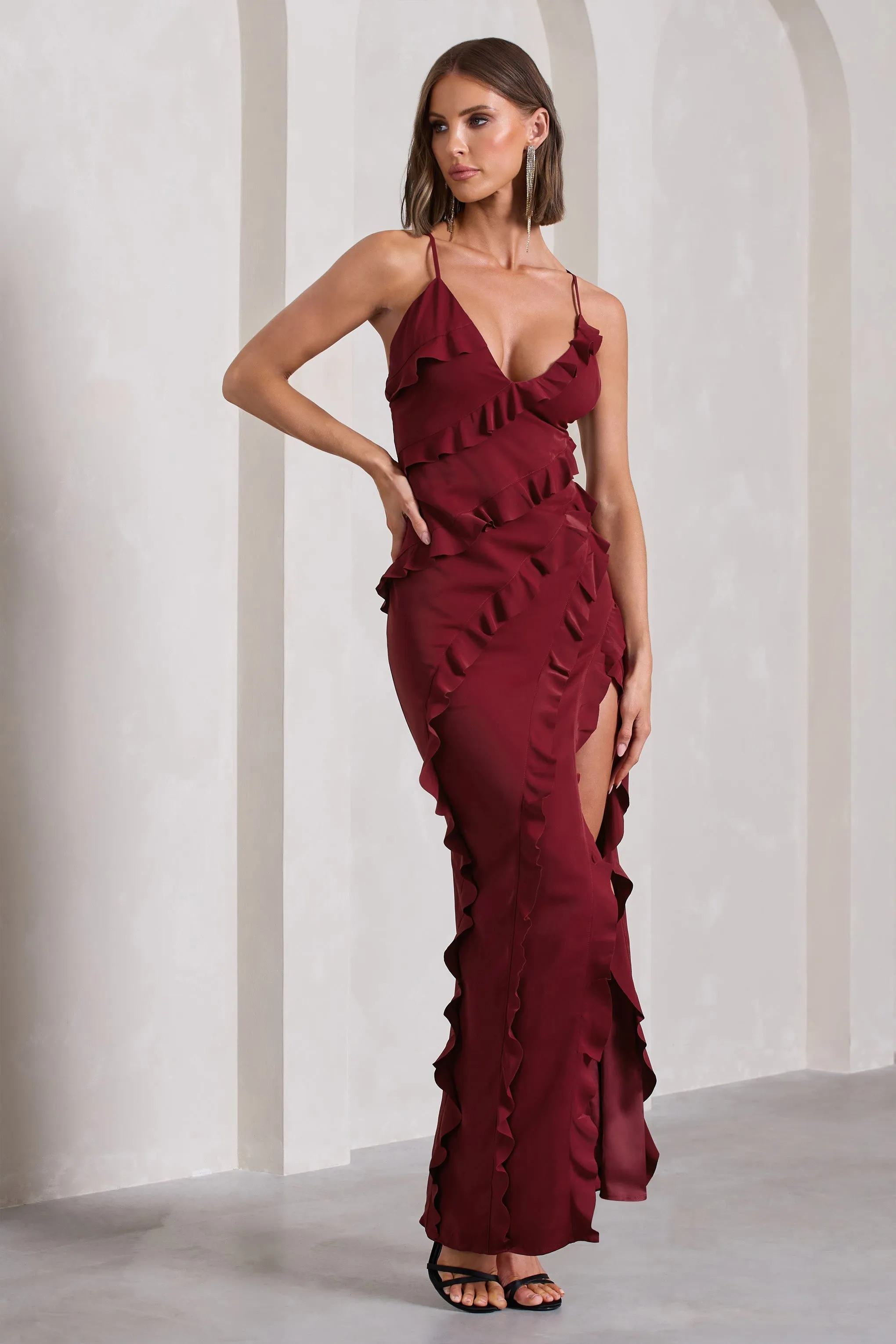 Run The World | Burgundy Sweetheart Neckline Ruffle Maxi Dress